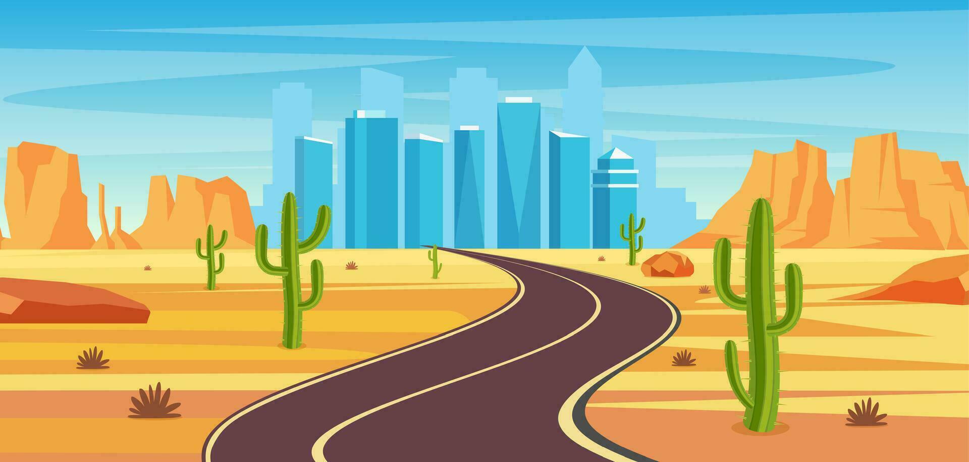 tömma motorväg väg i öken- ledande till en stor stad. sandig öken- landskap med väg, stenar och kaktusar. motorväg i arizona eller mexico varm sand. vektor illustration i platt stil