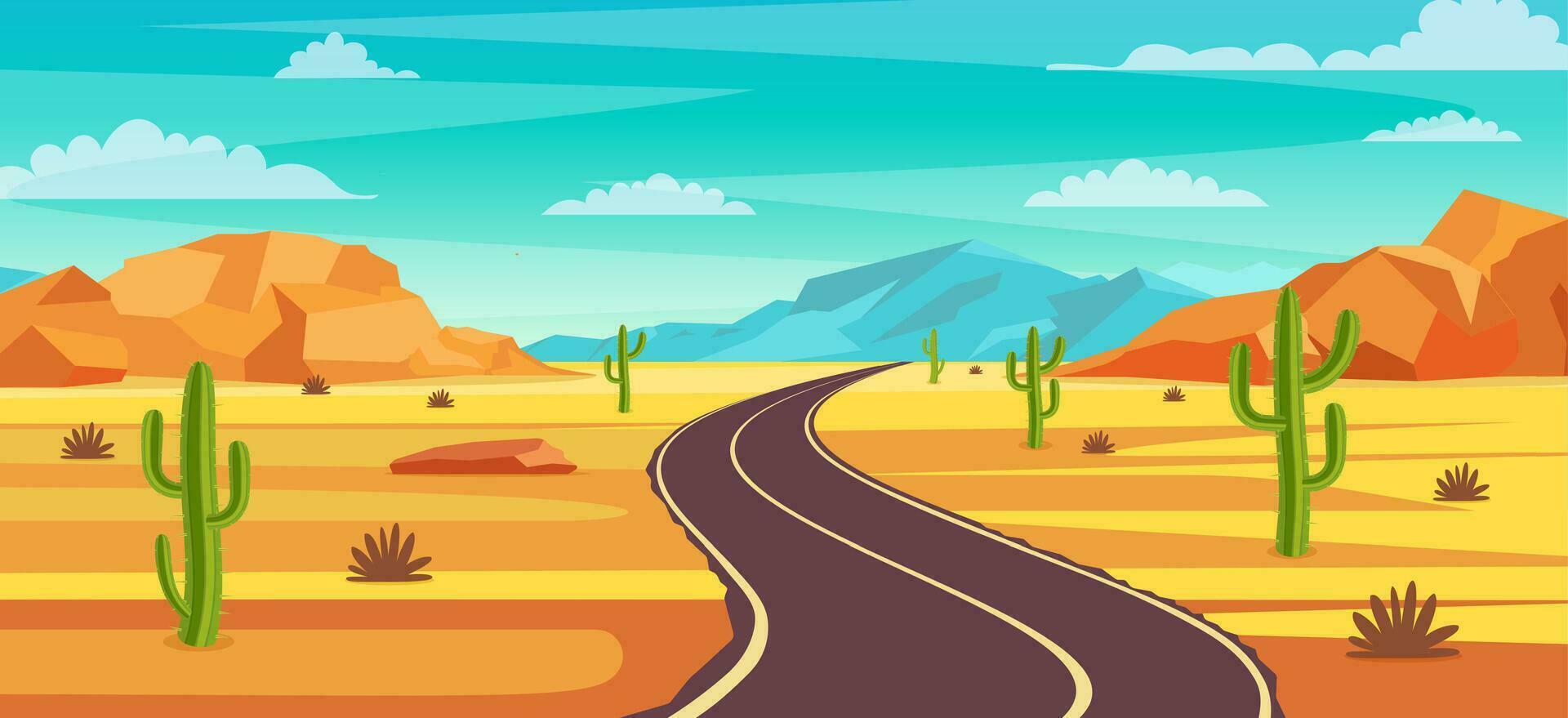 tömma motorväg väg i öken. sandig öken- landskap med väg, stenar och kaktusar. sommar Västra amerikan landskap. motorväg i arizona eller mexico varm sand. vektor illustration i platt stil