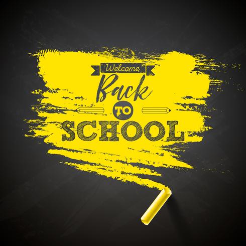 Back to school design med krita och typografi bokstäver på svart tavla backgroundVector illustration för gratulationskort, banner, flygblad, inbjudan, broschyr eller PR-affisch. vektor