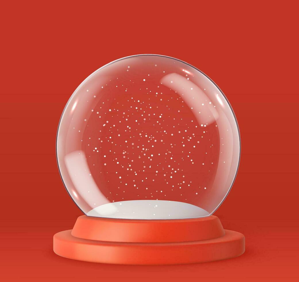 3d tömma snö glas boll med röd bricka. glas snö klot jul dekorativ design. 3d tolkning. vektor illustration