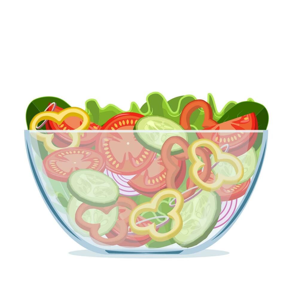 Grün Salat von frisch Gemüse im ein transparent Salat Schüssel Objekt isoliert auf ein Weiß Hintergrund. Vektor Illustration im eben Stil