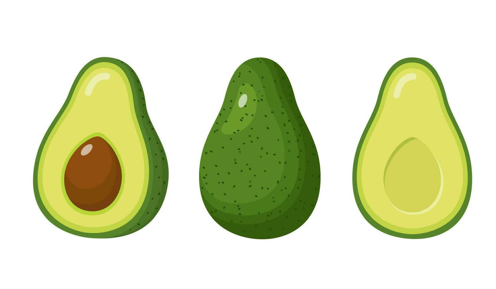 Avocado Essen Symbol. Avocado Obst ganze und Hälfte isoliert auf Weiß Hintergrund. Sommer- tropisch Früchte zum gesund Lebensstil. Vektor Illustration im eben Stil