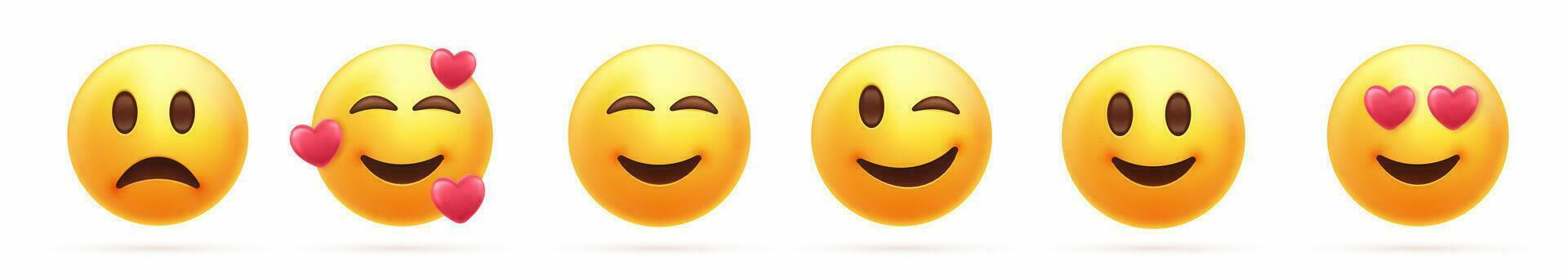 einstellen Symbol Lächeln Emoji. realistisch Gelb 3d Emotionen glücklich Gesicht, Liebe Augen von Herzen, traurig . Vektor Illustration