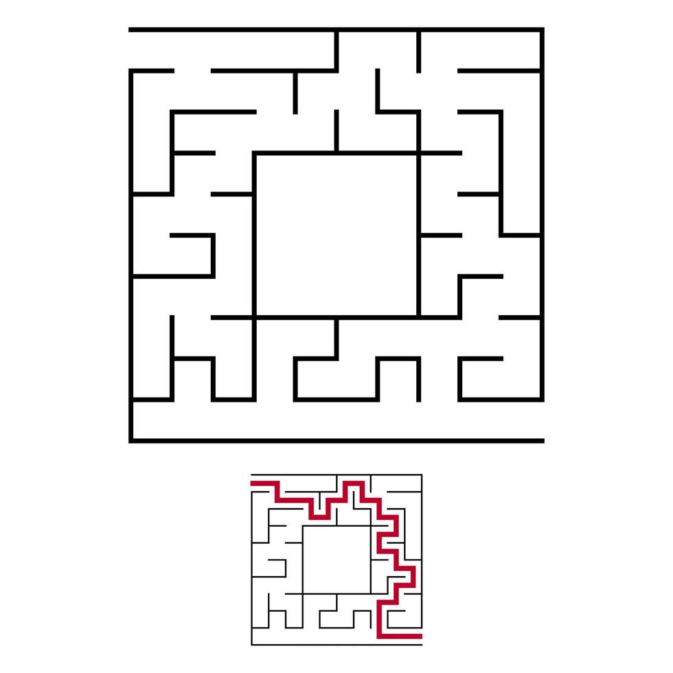 schwarzes quadratisches Labyrinth mit Ein- und Ausgang. ein interessantes und nützliches Spiel für Kinder. einfache flache Vektorillustration lokalisiert auf weißem Hintergrund. mit Platz für Ihre Zeichnungen. mit der Antwort. vektor