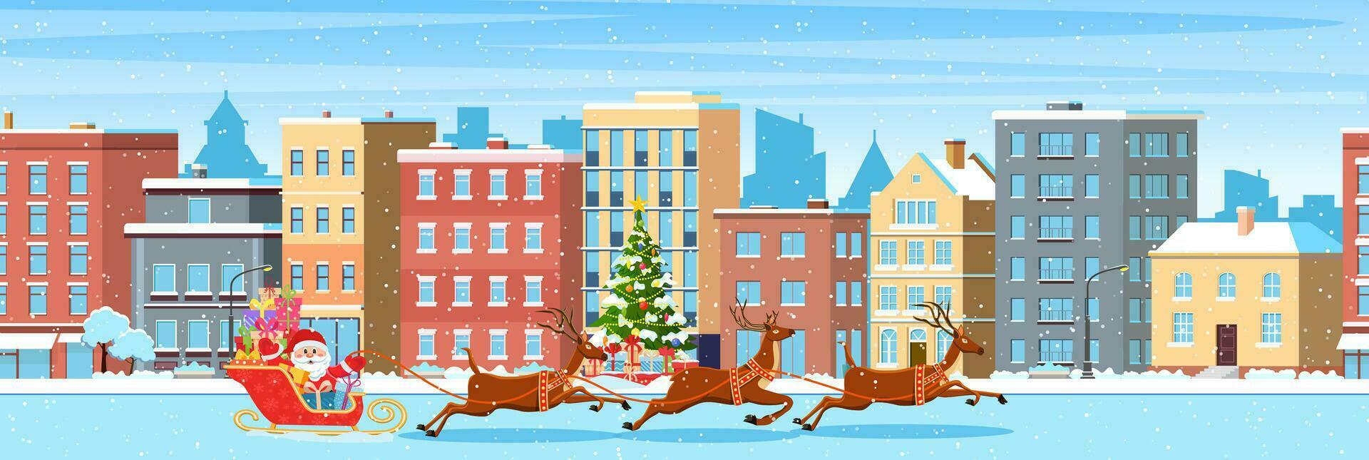 Lycklig ny år och glad jul vinter- stad gata. jul stad stad panorama. santa claus med hjortar. vektor illustration i platt stil