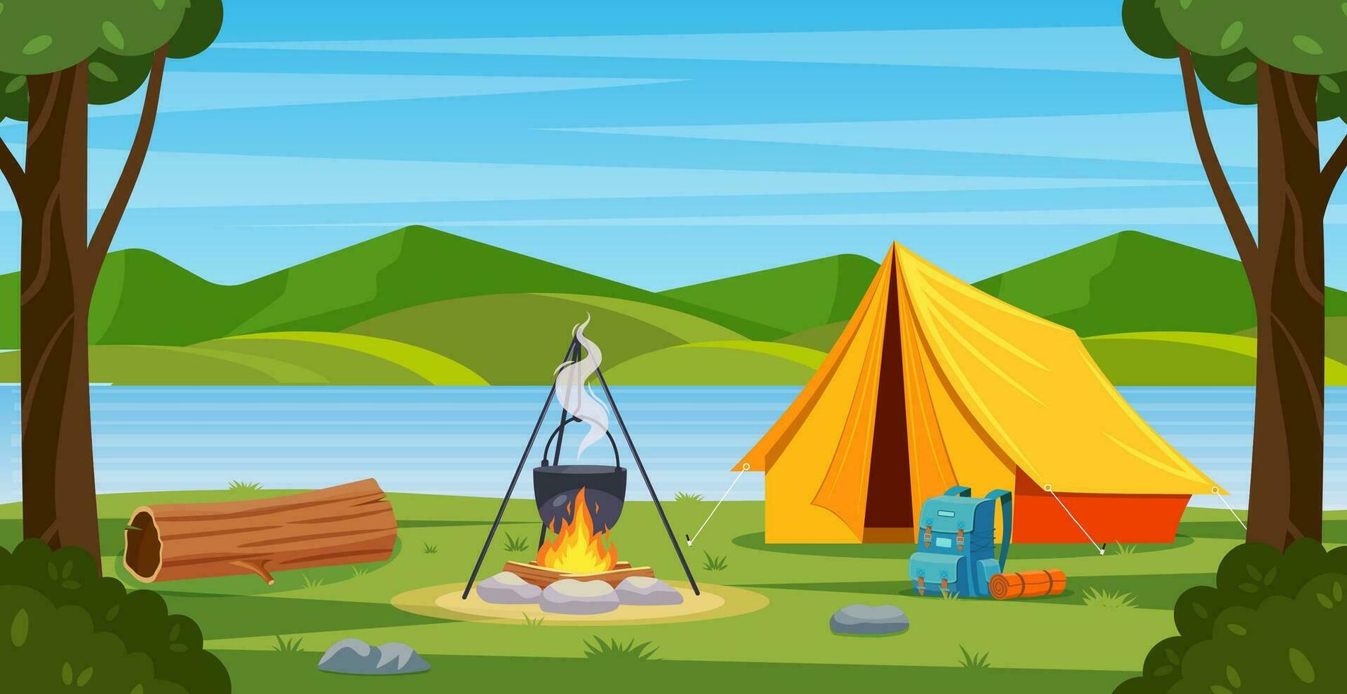 Sommer- Lager im Wald mit Lagerfeuer, Zelt, Rucksack . Karikatur Landschaft mit Berg, Wald und Campingplatz. Ausrüstung zum reisen, wandern. Vektor Illustration im eben Stil