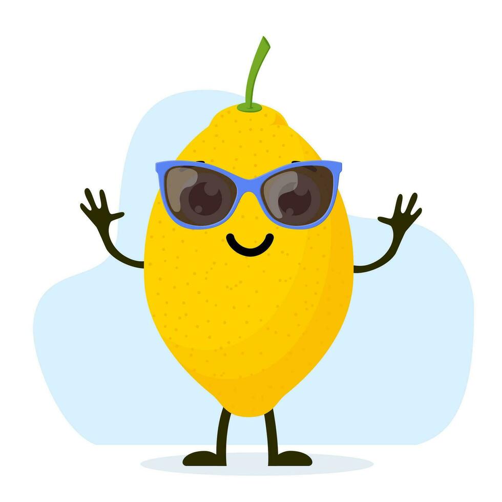 süß und komisch Zitrone Charakter mit Sonnenbrille. bunt Sommer- Design. Vektor Illustration im eben Stil