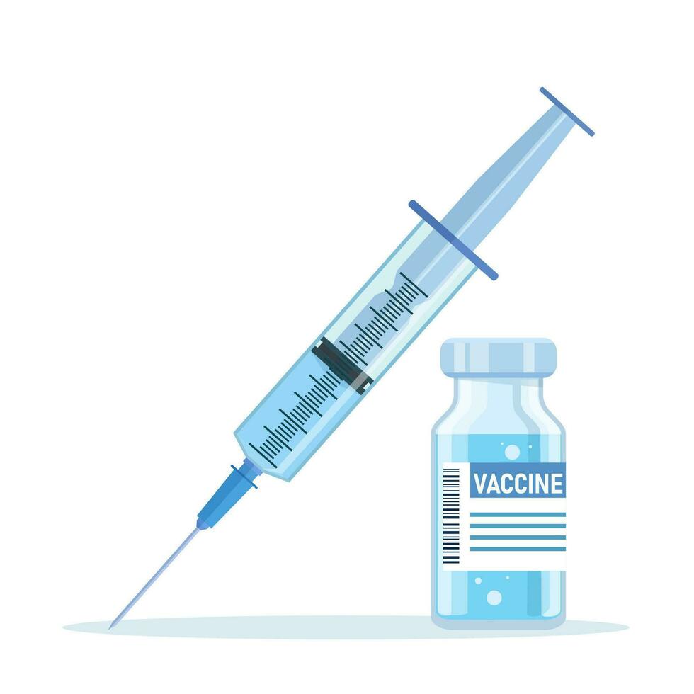 flaska och spruta med blå vaccin injektion från covid-19 virus. covid-19 coronavirus begrepp. spruta för injektion och vaccin flaskor isolerat ikon. vektor illustration i en platt stil