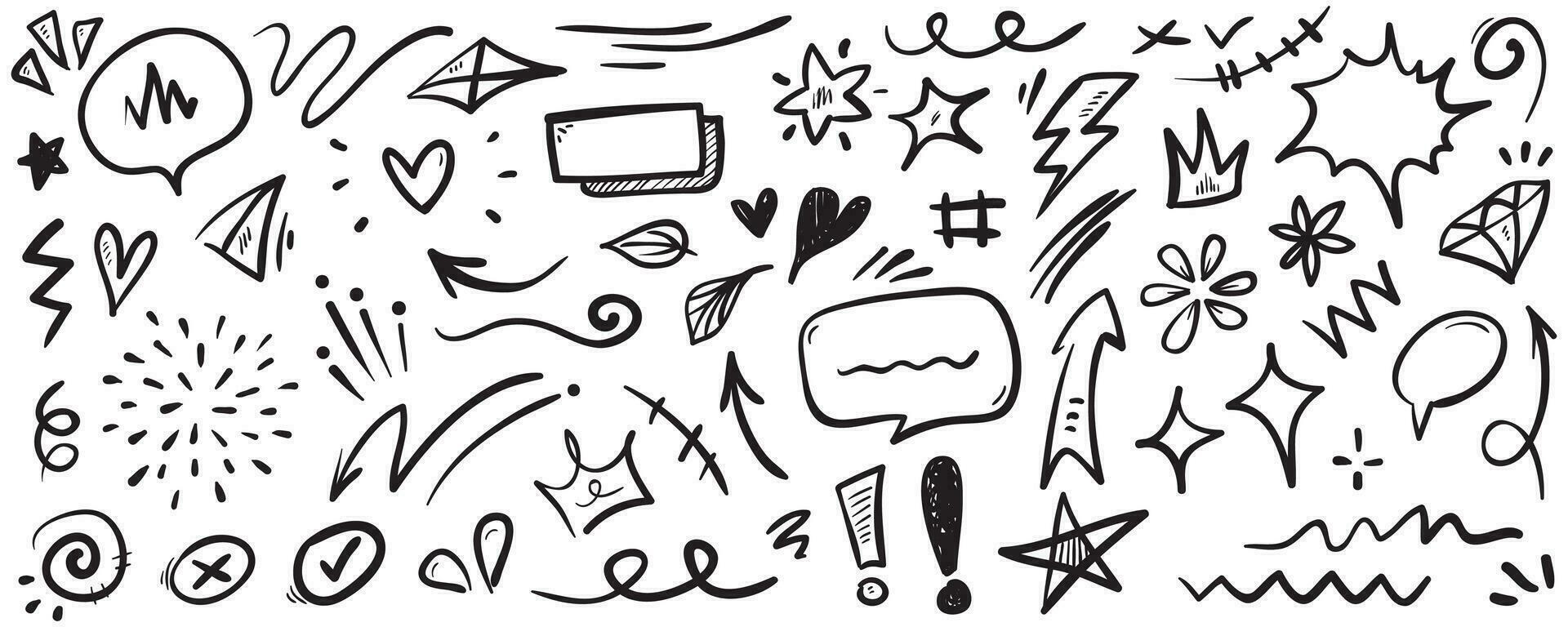 Vektorset von handgezeichneten Cartoony-Ausdruckszeichen-Doodle, Kurvenrichtungspfeilen, Emoticon-Effekt-Designelementen, Cartoon-Charakter-Emotionssymbolen, niedlichen dekorativen Pinselstrichlinien. vektor