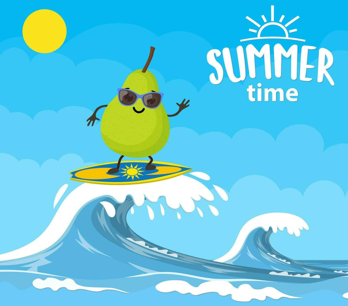 Birne Zeichen Surfen auf Welle. Ferien auf das Meer. Strand Aktivitäten. Sommer- Zeit. Vektor Illustration im eben Stil