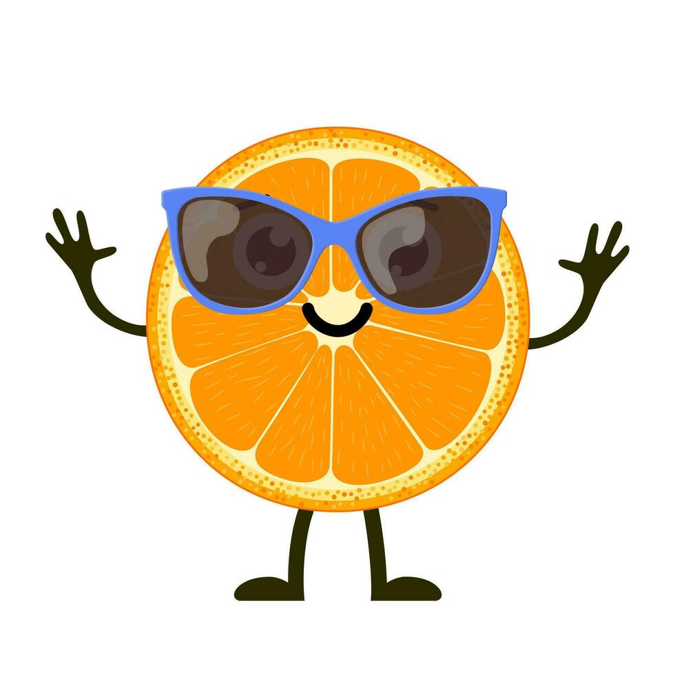 süß und komisch Orange Charakter mit Sonnenbrille. bunt Sommer- Design. Vektor Illustration im eben Stil