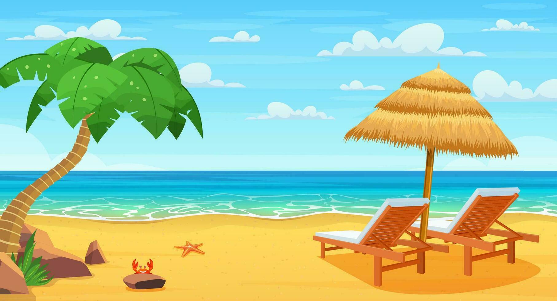 Meer Strand und Sonne Liegen. Meereslandschaft, Ferien Banner. Sommer auf das Strand. Karikatur Palmen und Pflanzen um. Sommer- Ferien auf Meer Küste. Vektor Illustration im eben Stil