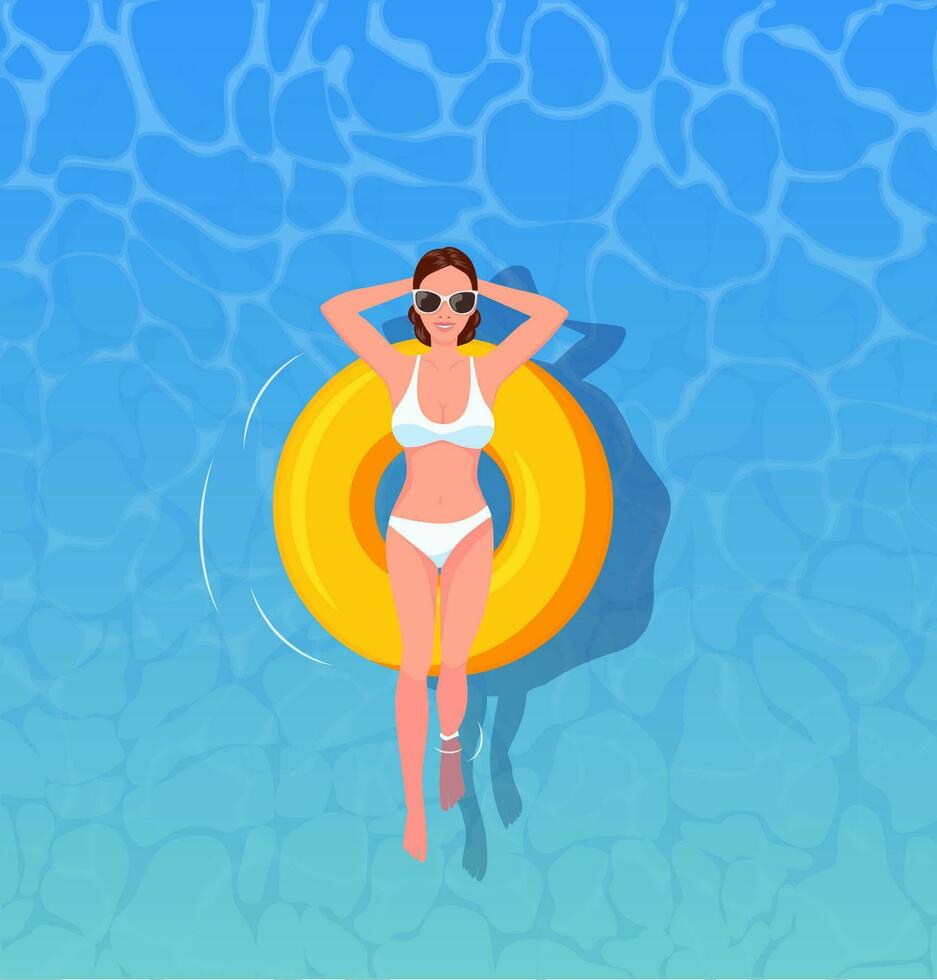 kvinna solbad topp se. kvinna simning på uppblåsbar flyter. de begrepp av semester och resa. vektor illustration i platt stil