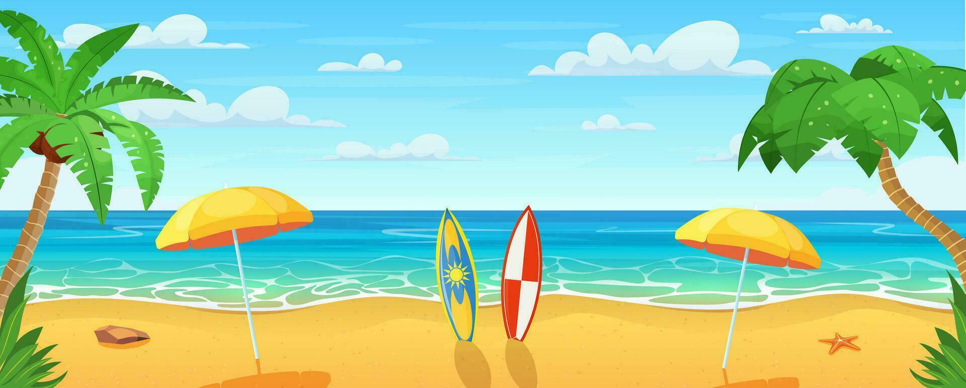 Sommer auf das Strand mit viele Surfbretter. Karikatur Palmen und Pflanzen um. Sommer- Ferien auf Meer Küste. tropisch Paradies sandig Strand, Palme Bäume und Meer. Vektor Illustration im eben Stil