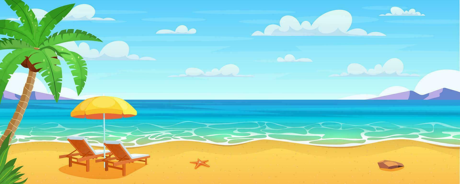 Meer Strand und Sonne Liegen. Meereslandschaft, Ferien Banner. Sommer auf das Strand. Karikatur Palmen und Pflanzen um. Sommer- Ferien auf Meer Küste. Vektor Illustration im eben Stil