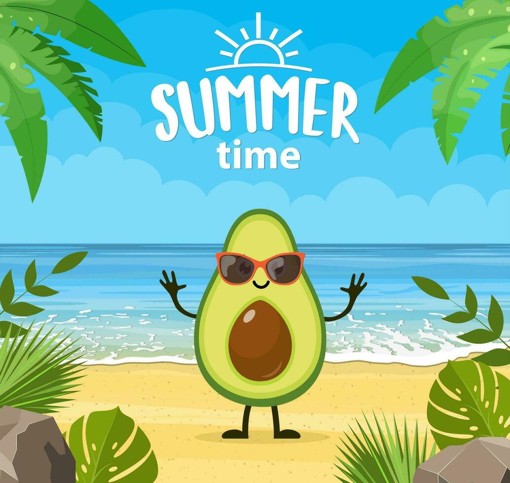rolig sommar baner med frukt tecken. tropisk strand. sommar landskap. tecknad serie avokado tecken tropisk strand. vektor illustration i platt stil