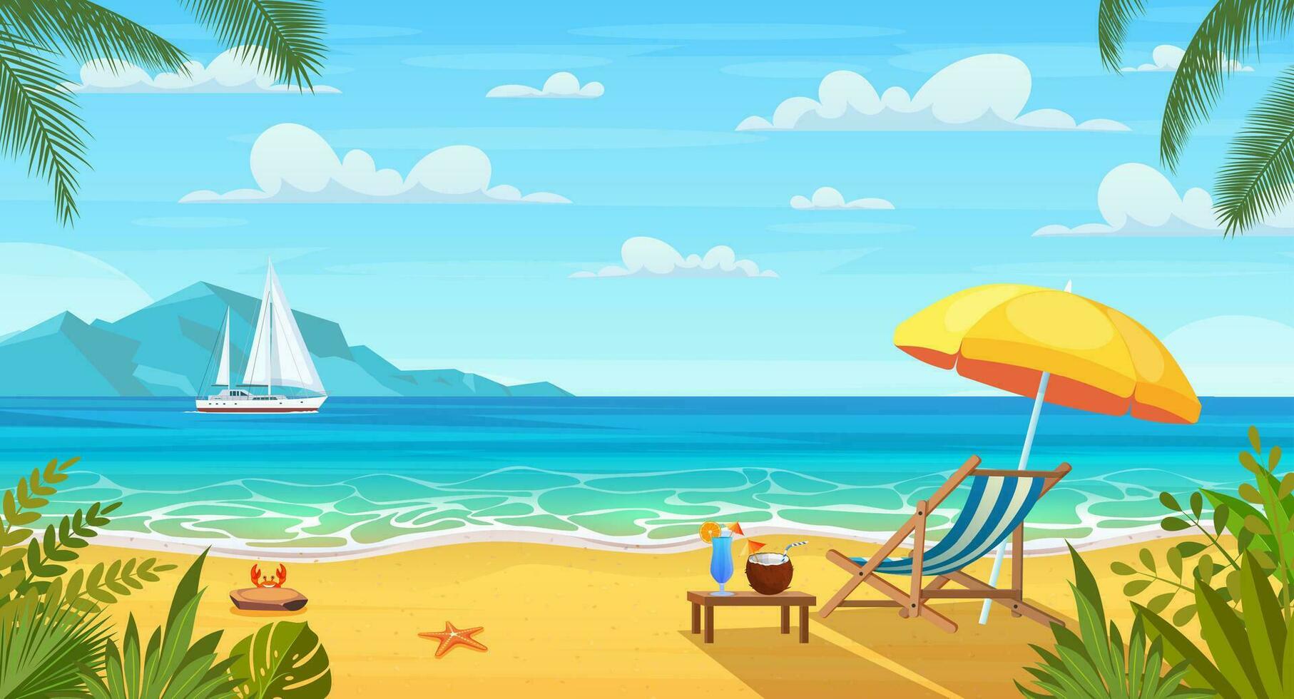 Landschaft von hölzern Chaise Salon, Regenschirm, Tabelle mit Kokosnuss und Cocktail auf Strand, Berge. Strand Landschaft, Natur Urlaub, Ozean oder Meer Strand. Vektor Illustration im eben Stil