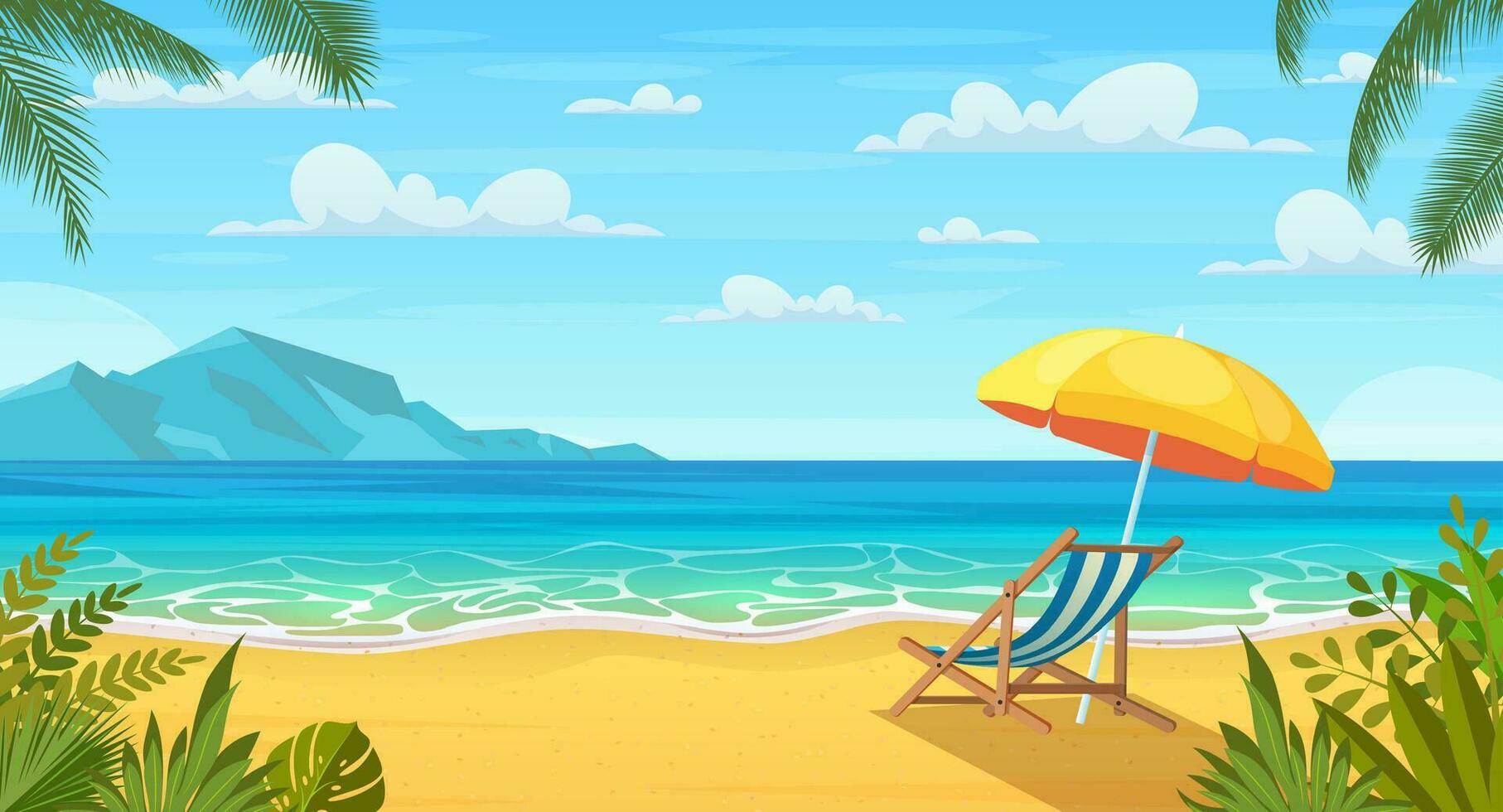 Meer Strand und Sonne Liegen. Meereslandschaft, Ferien Banner. Sommer auf das Strand. Karikatur Palmen und Pflanzen um. Sommer- Ferien auf Meer Küste. Vektor Illustration im eben Stil