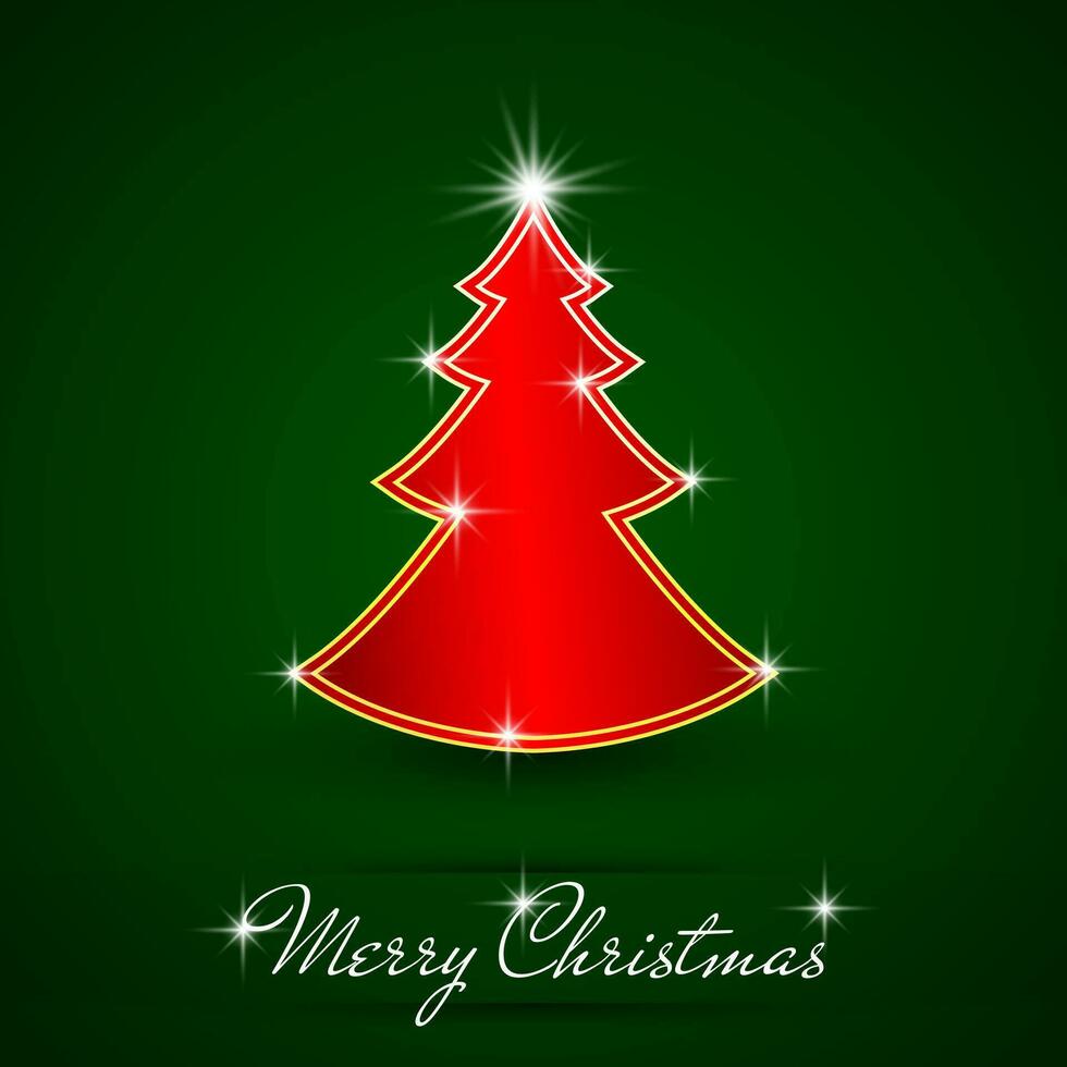 enkel röd gyllene och glansig jul träd isolerat på grön bakgrund vektor