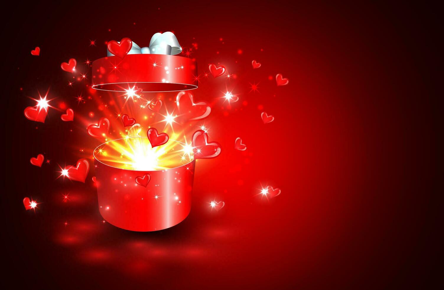 valentine bakgrund, öppen gåva låda med överraskning, hjärta och magi ljus fyrverkeri vektor