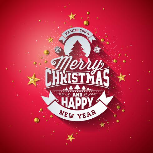 Frohe Weihnacht-Typografie-Illustration mit Element 3d-Feiertag und langem Schatten auf glänzendem rotem Hintergrund. Vektor-Design für Grußkarten, Party-Einladung Poster oder Promo-Banner. vektor