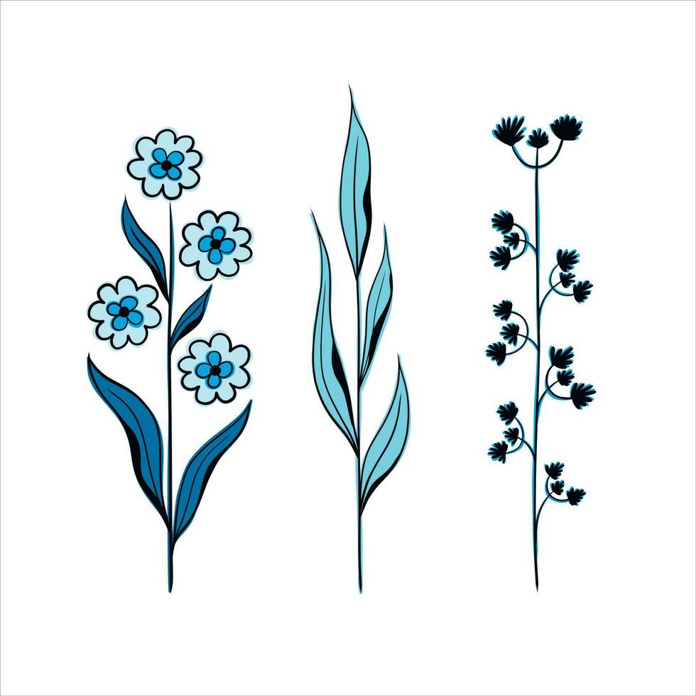 vektor uppsättning av lång blommor, blå blommor och kvistar med löv, blad av gräs, örter. botanisk illustration med ritad för hand stil.