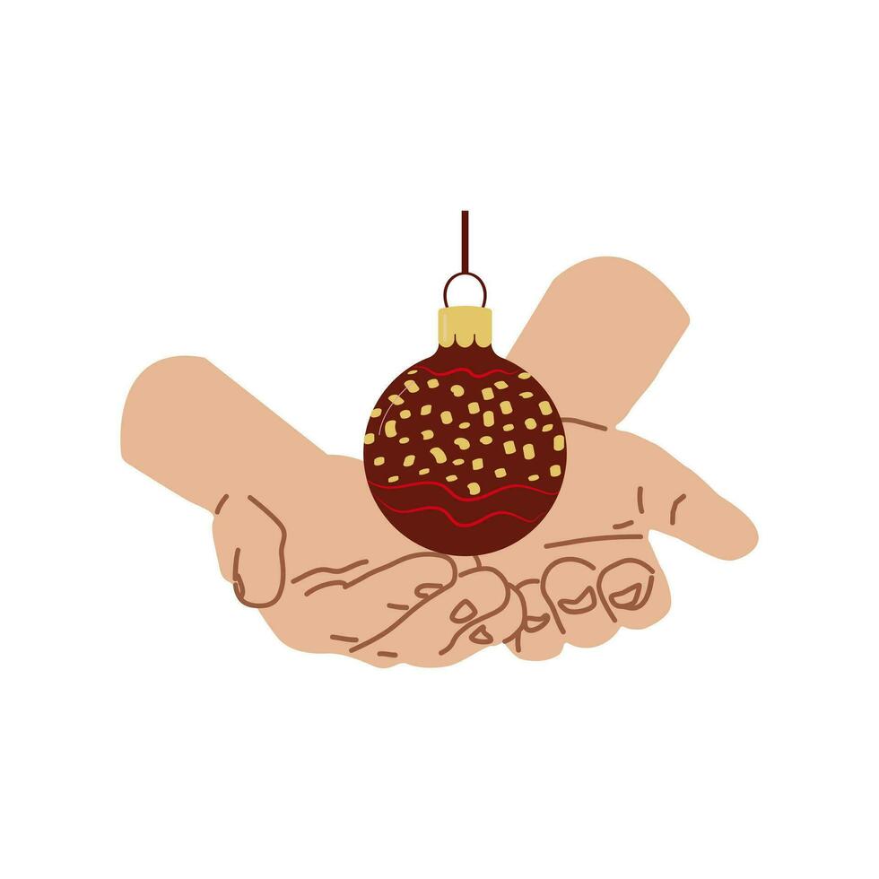 Urlaub Zuhause Dekoration Hand mit Weihnachten Ball Design zum Banner, Netz. ein farbig Ball im das Palmen von Ihre Hände. Vektor Illustration...