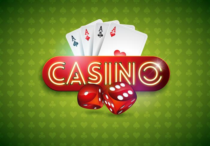 Vector Illustration auf einem Kasinothema mit glänzendem Neonlichtbrief und Pokerkarten auf grünem Hintergrund. Spielendes Design für Grußkarten, Poster, Einladungen oder Promofahnen.