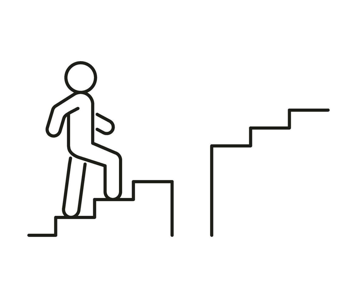 Treppe oben Person mit Hindernis, Linie Symbol. Treppe, Schritte mit Schwierigkeit. ziehen um nach oben im arbeiten, Karriere. editierbar Schlaganfall. Vektor Illustration