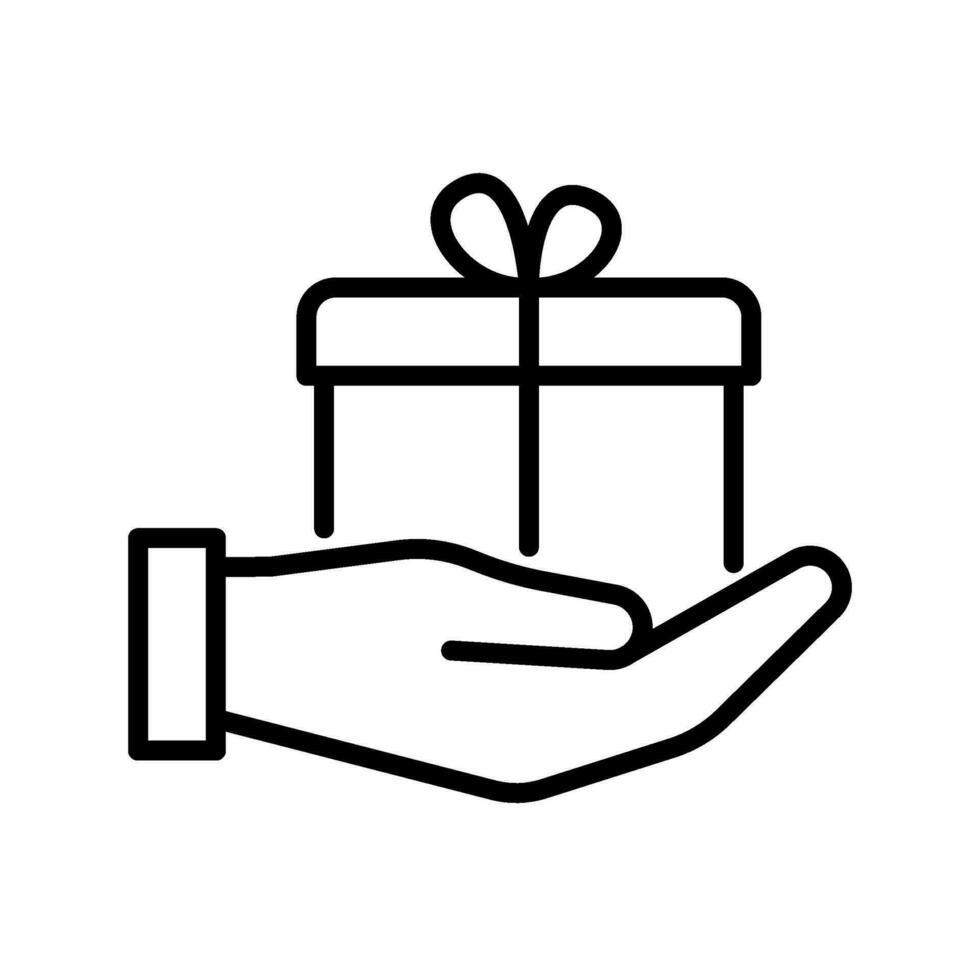 gåva låda ger, förpackning låda på hand, linje ikon. närvarande låda, insvept paket med band. överraskning på fest och firande jul, födelsedag eller Semester. vektor översikt illustration