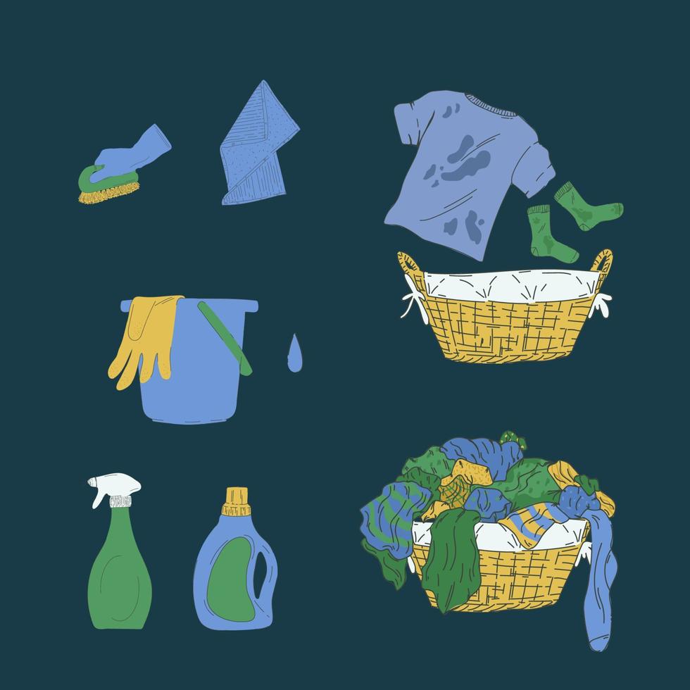vektor uppsättning tvättservice. korgar med smutsig tvätt, en t-shirt, strumpor med fläckar. samling av tecknade serier för tvätt- och rengöringsdesign.