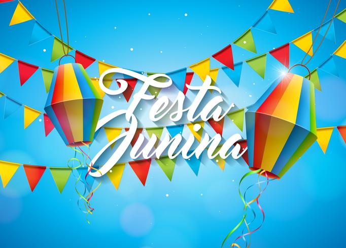 Festa Junina Illustration med Party Flags and Paper Lantern på gul bakgrund. Vektor Brasilien juni festivalsdesign för hälsningskort, inbjudan eller semesteraffisch.