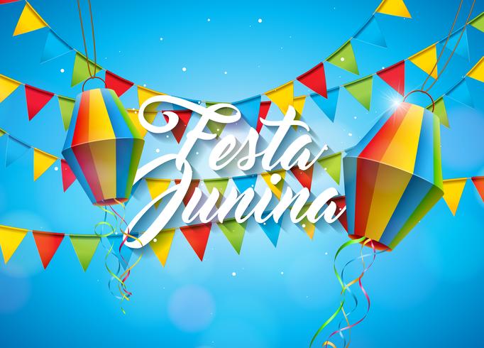 Illustration Festa Junina mit Parteiflaggen und Papierlaterne auf gelbem Hintergrund. Vector Brazil June Festival Design für Grußkarte, Einladung oder Feiertagsplakat.
