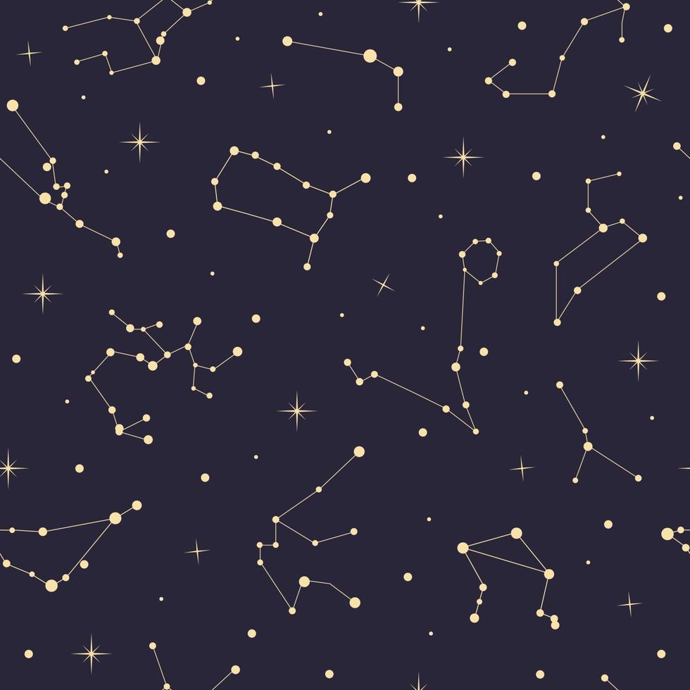 nahtloses Muster mit flachen eleganten goldenen Astrologie-Tierkreiskonstellationen mit Sternen vektor