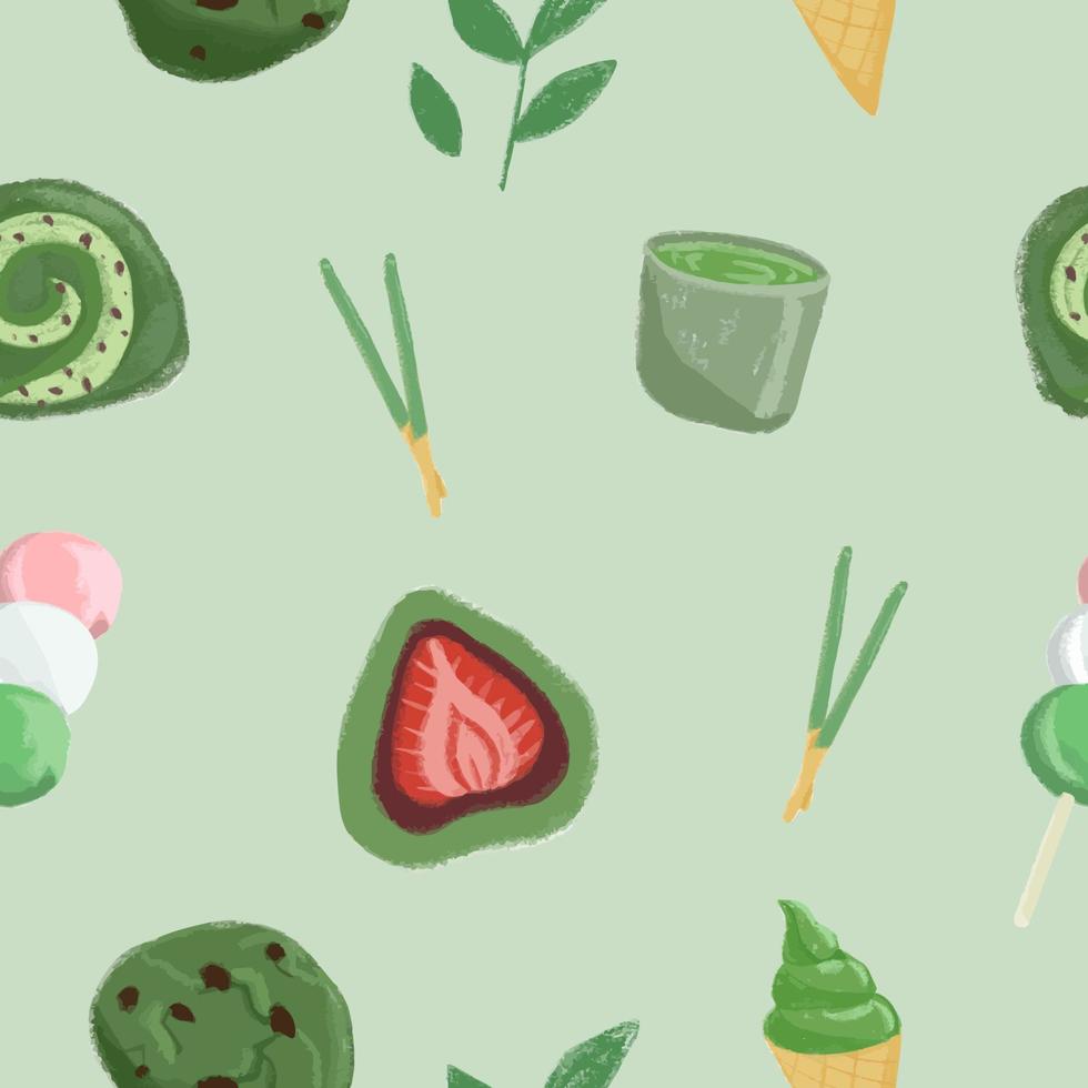 nahtloses Muster mit isolierten japanischen Matcha-Süßigkeiten, verschiedenen leckeren Desserts vektor