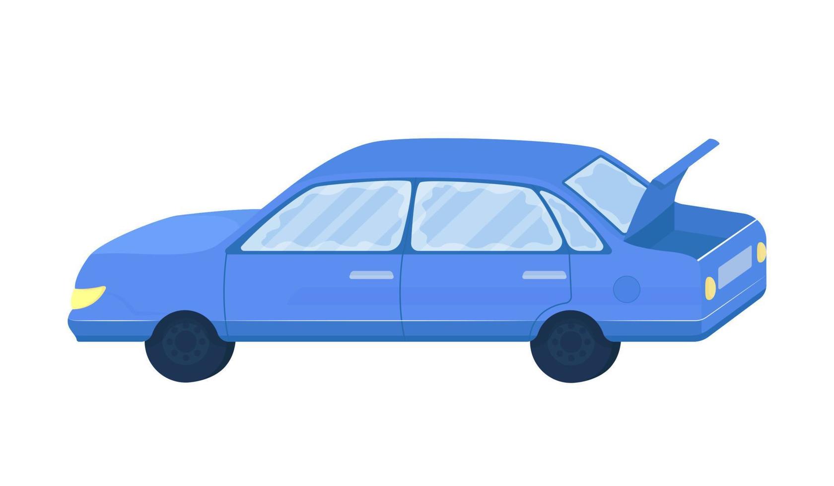 blå sedan bil halv platt färg vektor objekt. bil med öppen bagageutrymme. fullt realistiskt objekt på vitt. transport isolerad modern tecknad stil illustration för grafisk design och animation