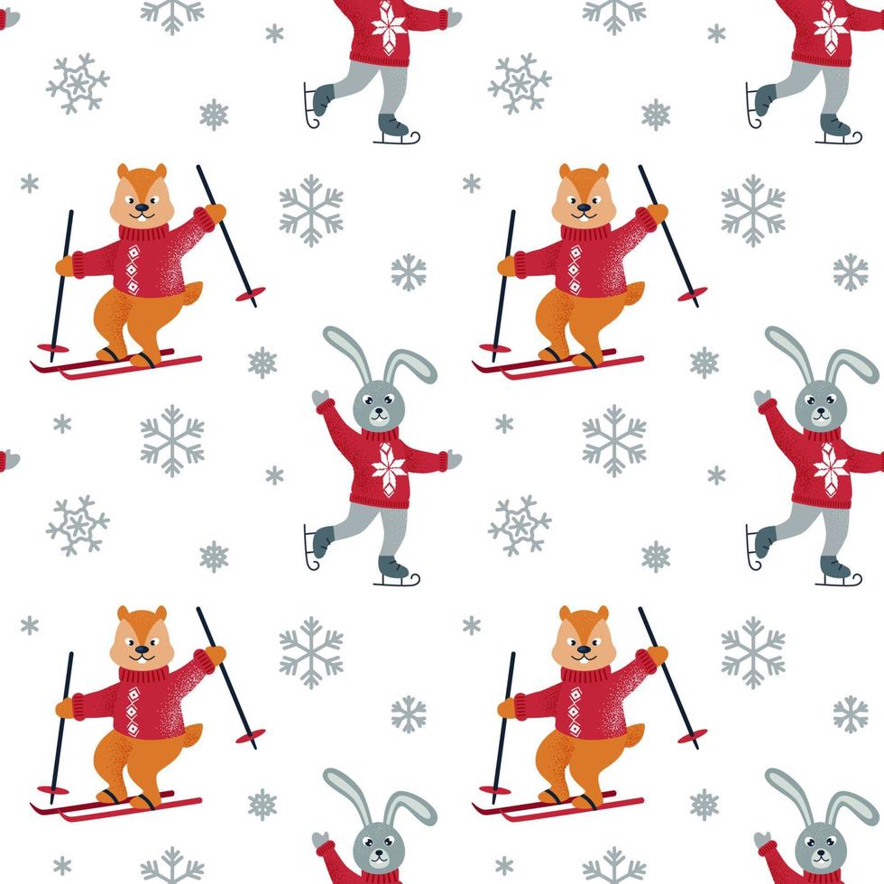 Winternahtloses Muster mit Schlittschuhhase, Skistreifenhörnchen und Schneeflocken. Weihnachtsdesign. Vektor-Illustration. vektor