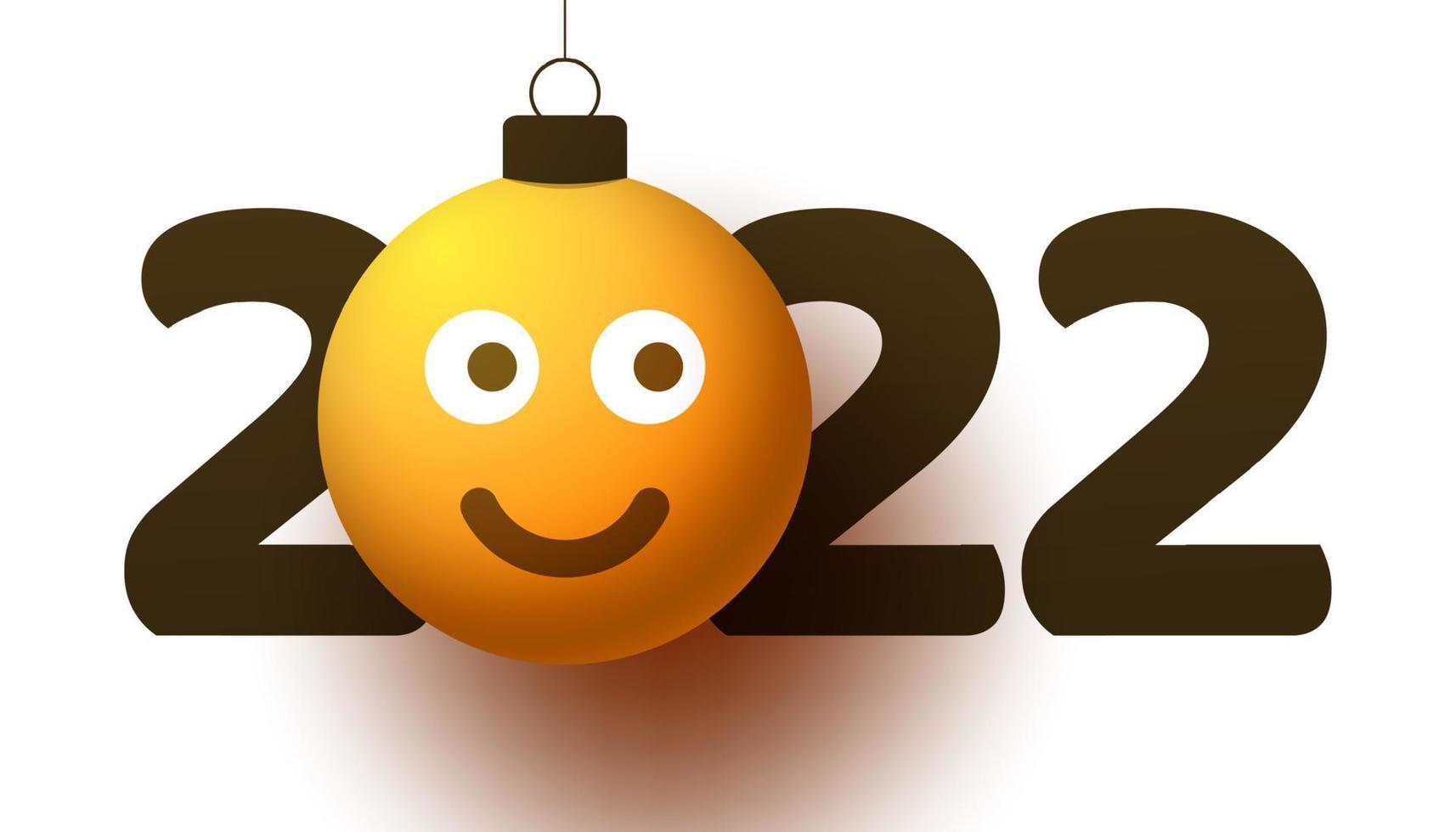 gratulationskort för 2022 nyår med leende emoji -ansikte som hänger på tråden som en julleksak, boll eller kul. nytt år känslor koncept vektor illustration