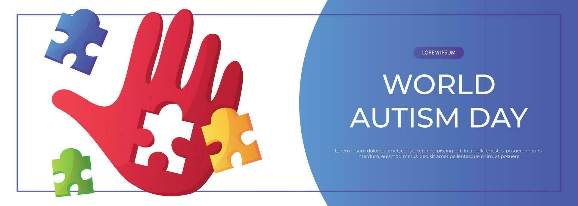 promo baner värld autism medvetenhet dag med hand färgrik pussel bitar. internationell solidaritet, aspergers dag. hälsa vård, mental sjukdom. social media posta för affisch, reklam, omslag vektor