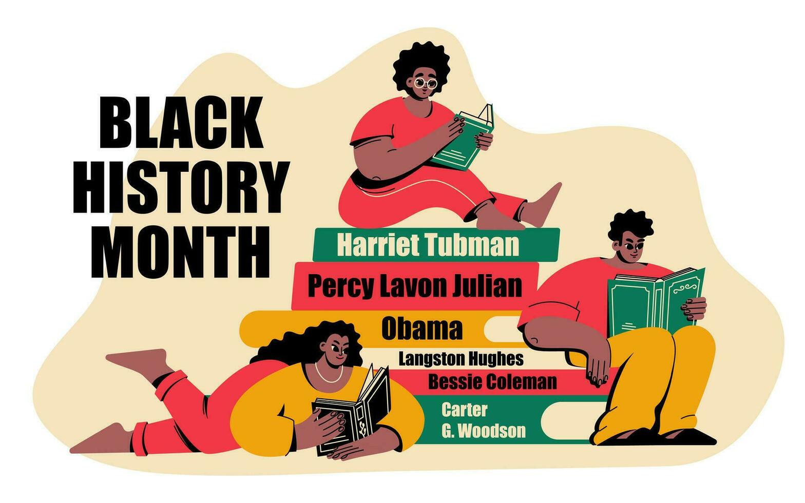 en uppsättning av layouter med afrikansk amerikaner. svart män och kvinnor läsa böcker. svart historia månad. tecknad serie, platt, vektor illustration.