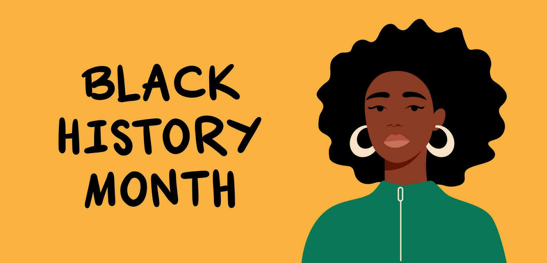 Porträt von ein schwarz Frau. ein Afroamerikaner Mädchen. schwarz Geschichte Monat. Karikatur, Wohnung, Vektor Illustration. horizontal Banner