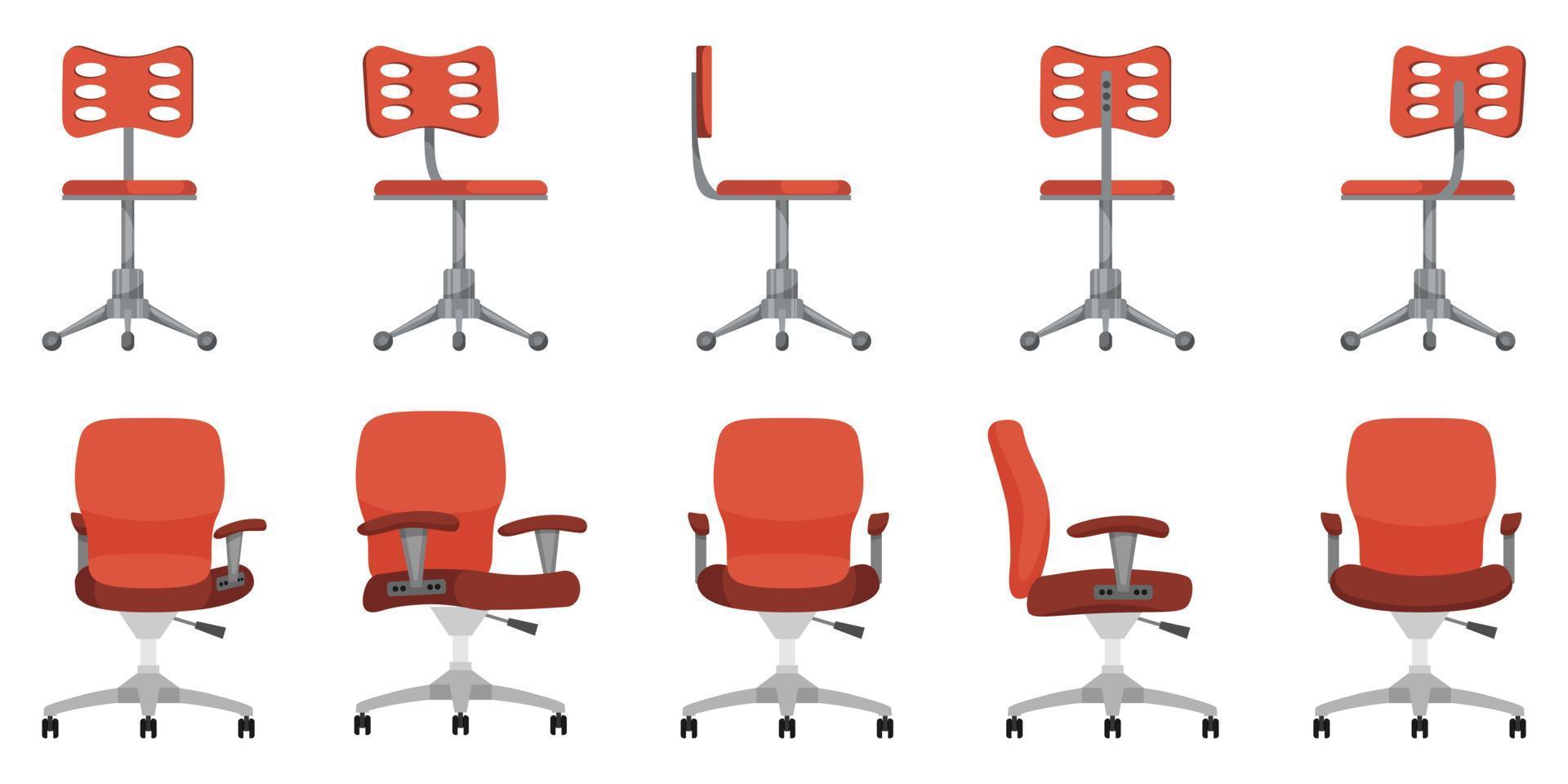 süße moderne schöne Büro- und Outdoor-Stühle in unterschiedlicher Form und Größe mit unterschiedlicher Pose und Position in roter Farbe vektor