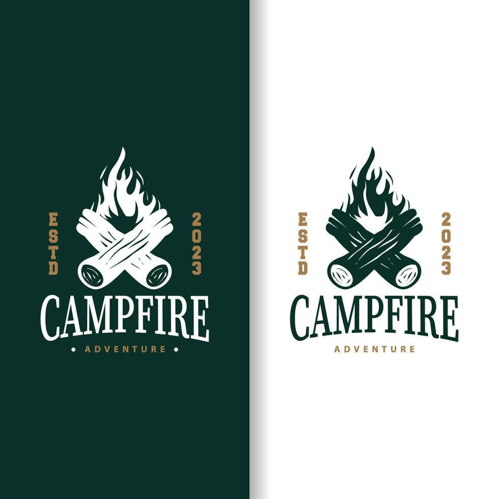 design trä och brand, logotyp lägereld bål vektor camping äventyr årgång illustration