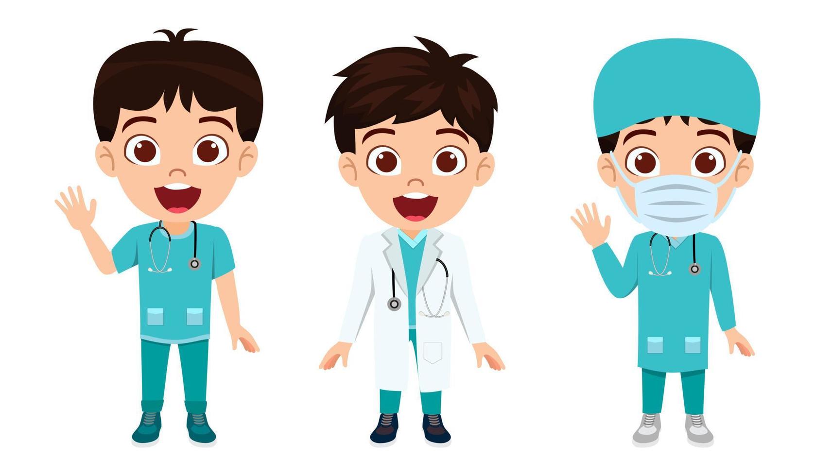 söt vacker unge pojke läkare sjuksköterska karaktär bär läkare sjuksköterska outfit viftande vektor