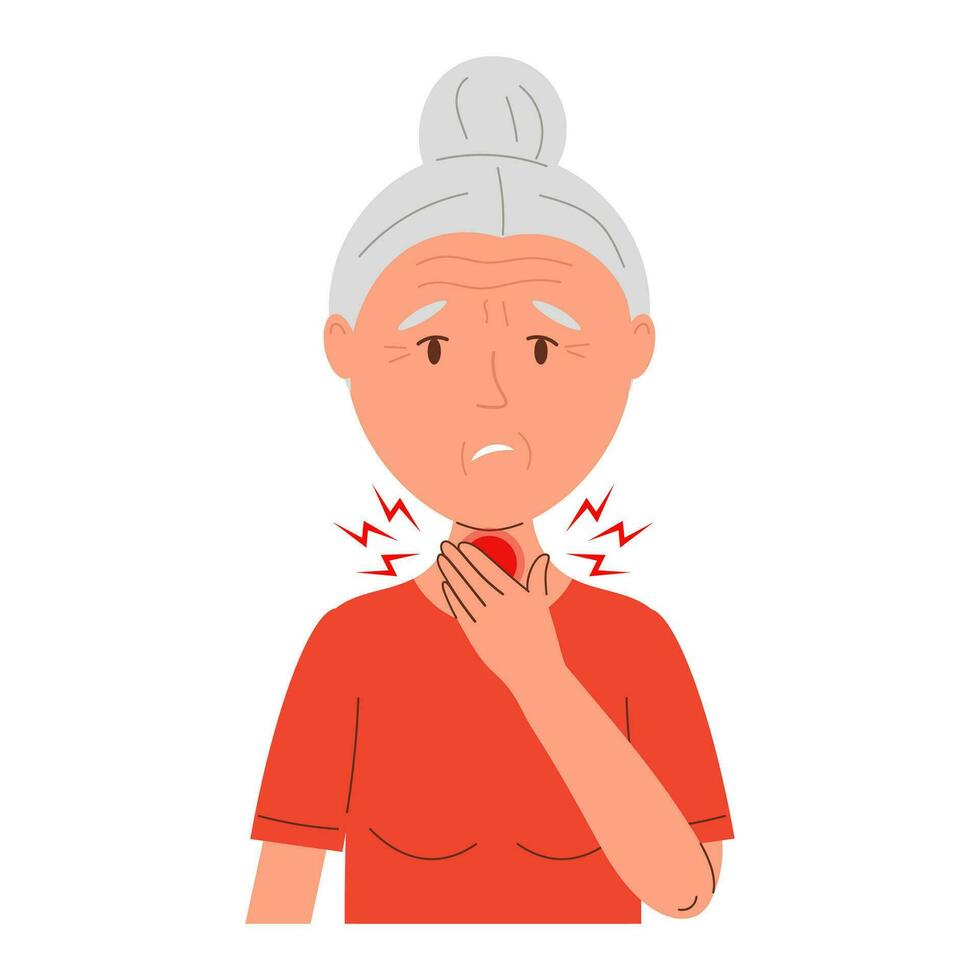 senior kvinna har en öm hals. influensa eller kall symptom i sjuk människor. vektor illustration av ohälsosam person