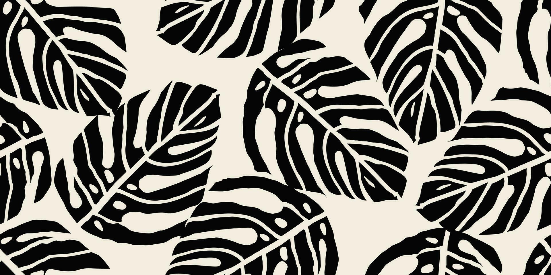 monstera blad sömlös mönster. hand dragen tropisk löv. modern skriva ut i svart och vit Färg. naturlig ornament för textil, tyg, tapet, Hem dekor, bakgrund. vektor