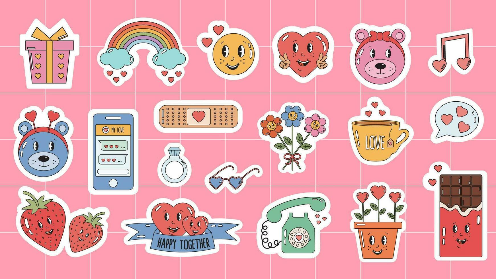 häftig hippie kärlek klistermärken. samling av scrapbooking element för valentines dag. retro tecknad serie Lycklig valentines dag klistermärken packa för dagligen planerare, dagbok. hjärtans dag klistermärke märken, etiketter. vektor