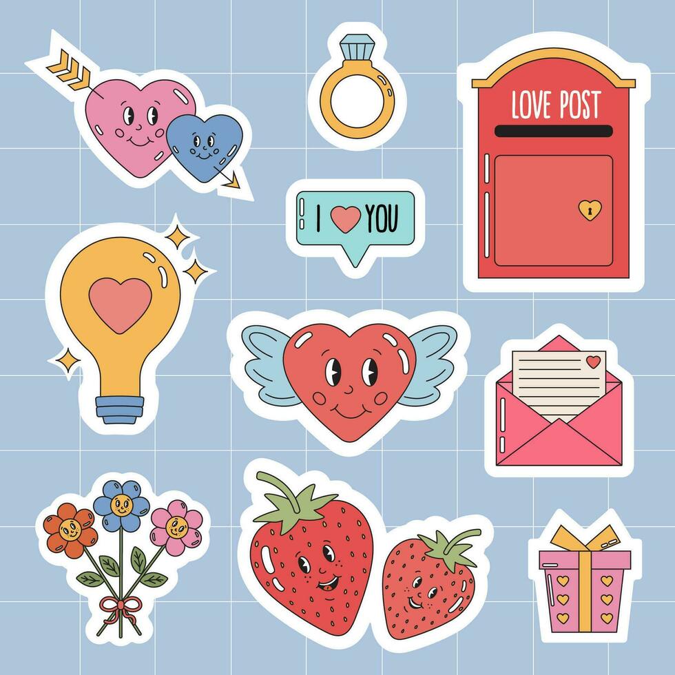 retro Karikatur glücklich Valentinsgrüße Tag Aufkleber Pack zum Täglich Planer, Tagebuch. Valentinstag Tag Aufkleber Abzeichen, Etiketten. groovig Hippie Liebe Aufkleber. Sammlung von Scrapbooking Elemente zum Valentinsgrüße Tag. vektor