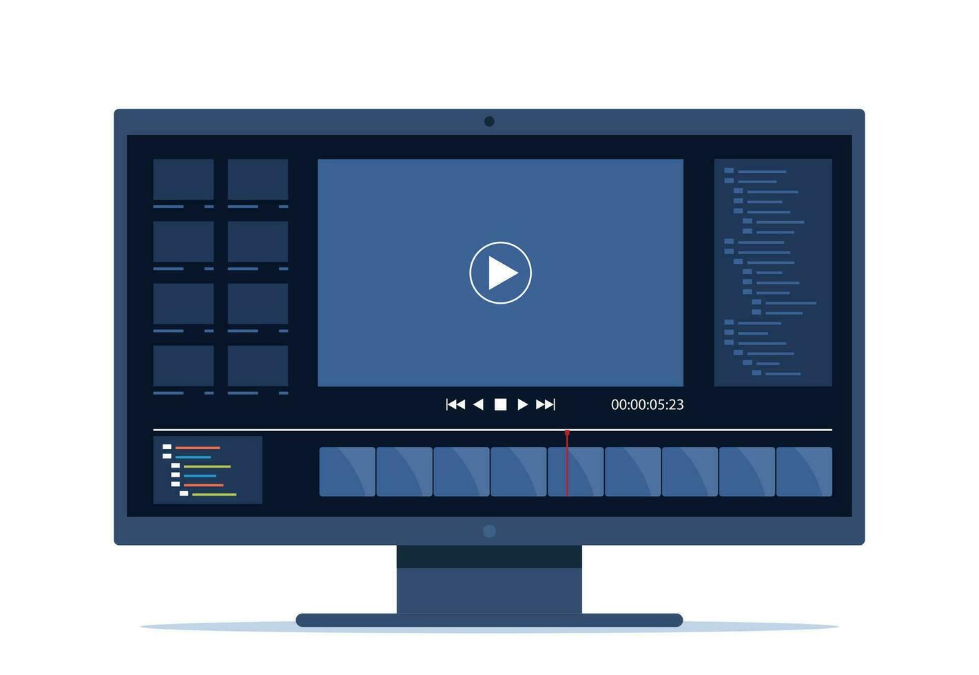 video redigering på skrivbordet dator. programvara till redigera videoklipp på skärm med tidslinje och användare gränssnitt. multimedia och filma produktion begrepp. vektor illustration.