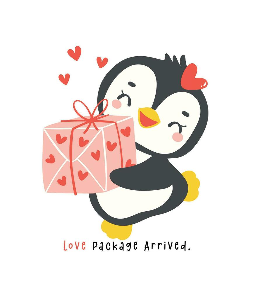 süß Pinguin Valentinstag Lieferung Liebe Geschenk Box Karikatur Zeichnung, kawaii Tier Charakter Illustration. vektor
